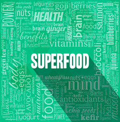 Superfood typography illustration with a word cloud. Text with long shadows over green background.