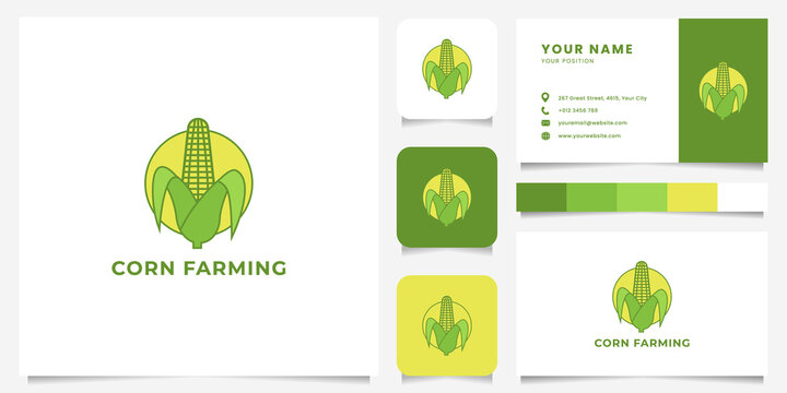 Colorful Peeled Corn On Yellow Circle Logo With Icon, Color Palette, And Business Card