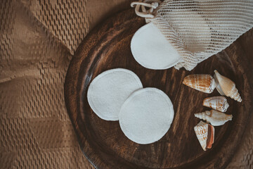 Facial wipes with seashells in boho interior