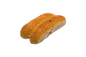 Two long orange buns on a white background