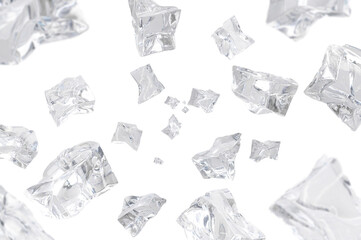 Collection of real Ice cubes falling on white background.  Concept for Ice cubs product advertising. Selective Focus.
