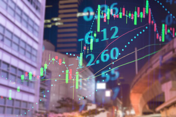Stock market data on digital LED display. Fundamental and technical analysis with candle stick...