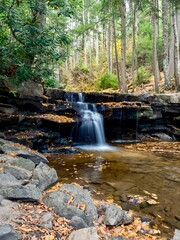 Swallow Falls State Park in the fall in the mountains of Maryland with the creek and waterfalls flowing, cascading in nature, fall foliage and trees to create the perfect fall water landscapes.