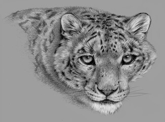 Pencil sketch - Isolated snow leopard on grey background
