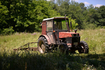 Naklejka premium an old red tractor mowing the grass near the forest. use of agricultural machinery on the farm