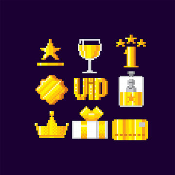 Royalty program  pixel icon set. Included icons as member, VIP, Exclusive, Reward, Voucher, High level, Gift Cards, Coupon, outline icons set, Simple Symbol, Badge, Sign. Pixel art 8-bit style. 