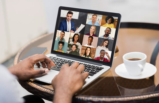 Web Conference. Black Man With Laptop Making Video Call To His Collegues