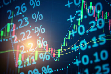 Candlestick chart in financial stock market on digital number background. Forex trading graphic design and Stock market trading trend as concept.