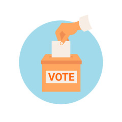 Hand puts vote bulletin into vote box icon isolated of white background. Сoncept voting of democratic elections . Flat design. Vector illustration.