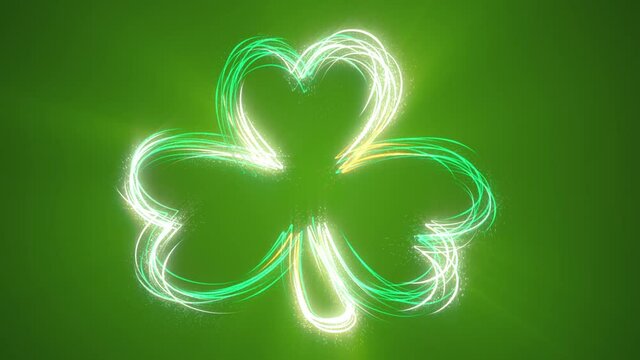 Saint Patrick's Day background: glowing neon shamrock in the Irish green, white and gold colors with flowing particles. This motion background is full HD and a seamless loop.