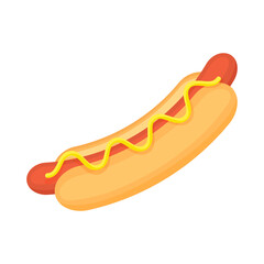 American classic colorful hot dog, icon  isolated on white background. Hotdog for menu, poster, banner.  Traditional fast food. Cartoon flat design. Vector illustration.
