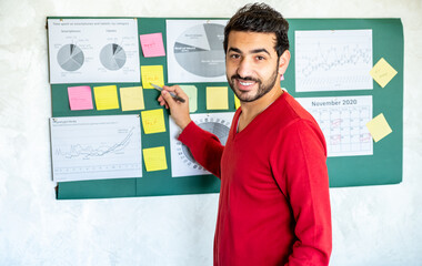 Happy male coach teacher webinar speaker looking at camera giving online class lecture or making conference video chat call, smiling businessman entrepreneur recording video training, webcam view.