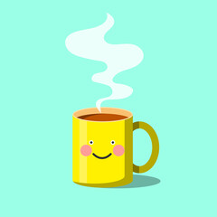 Yellow cup with emotions, smile. Coffee cup with smoke float up. Vector Illustration. Flat Style. Decorative design for cafeteria, posters, banners, cards