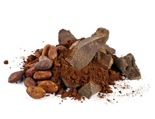 Cocoa beans with cocoa powder and chocolate pieces isolated on a white background.