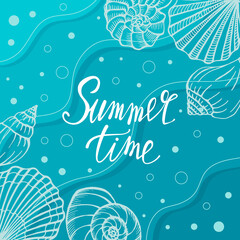 Fototapeta na wymiar Bright summer card. Beautiful summer poster with seashells and hand written text. Summer holidays cards. Vector illustration