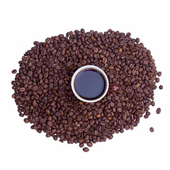 Coffee cup and coffee beans isolated on a white background.