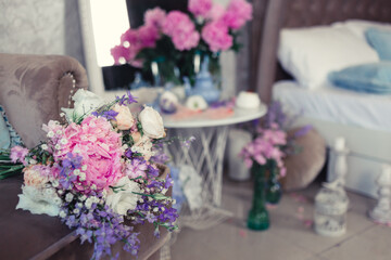 Vintage bouquet of flowers with pink peony.