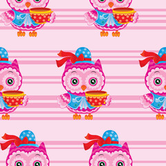 pattern, cartoon owl with a cup of tea on a pink background, vector illustration,