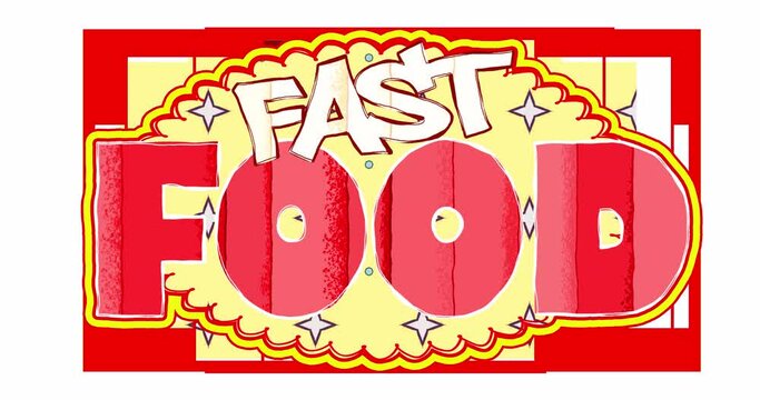 The inscription FAST FOOD on a transparent background stylized as a child's drawing or cartoon. Looped endless food and nutrition splash screen