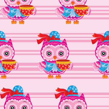 pattern, cartoon owl with a cup of tea on a pink background, vector illustration,