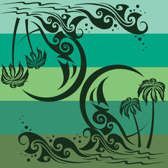 pattern, palms and beach on emerald background, vector illustration,