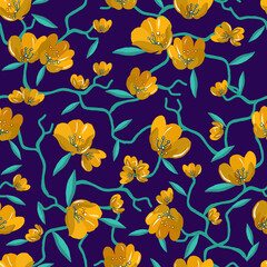 Seamless repeat pattern with yellow flowers on blue background. Hand drawn fabric, gift wrap, wall art design