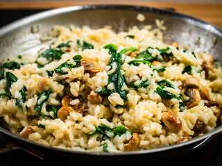 Risotto with champignons and spinach cooking in frying pan 