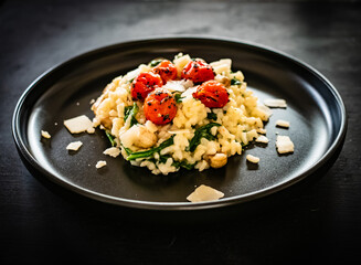 Risotto with champignon, roast tomatoes, spinach and parmesan on black table 