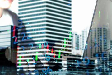 Candlestick chart in financial stock market on digital number background. Forex trading graphic design and Stock market trading trend as concept.