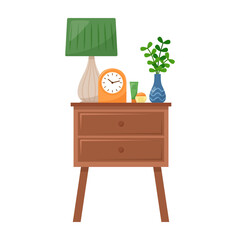 Bedside table with lamp, vase, clock, cream for hand and face, vector illustration