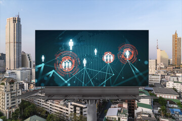 World planet Earth map hologram and social media icons on billboard over panorama city view of Bangkok, Southeast Asia. The concept of people networking and connections.
