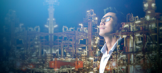 Business man oil gas energy plant industry night light background, power energy and sustainable...