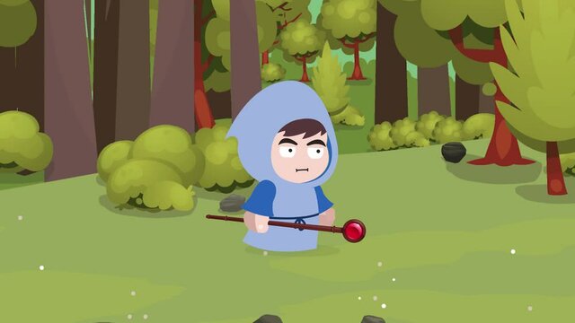 RPG Mage Character Walking with his Staff in the forest