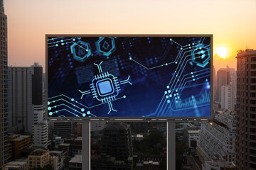 Glowing hologram of technological process on billboard, aerial panoramic cityscape of Bangkok at sunset. The largest innovative hub of tech services in Southeast Asia.