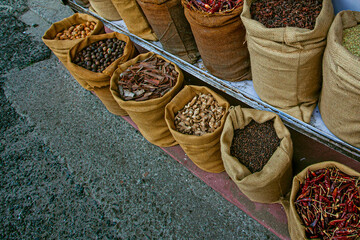 Wide assortment of spices in the spice market in Kochi, India