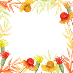 Fall watercolor flowers frame. Template for decorating designs and illustrations.