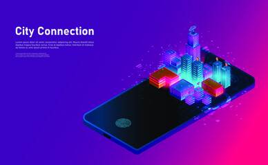 Isometric smart city connection in smartphone lanescape.Futuristic concept.vector and illsutration