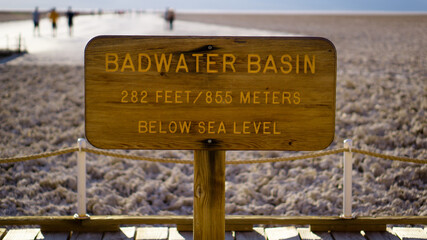 Signpost of the Badwater Basin in the Death Valley, Califormia, USA