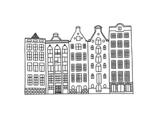 Amsterdam city outline. Сity houses. Vector doodle drawing.