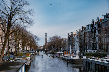 Amsterdam Netherlands February 2021,Ice skating on the canals in Amsterdam the Netherlands in...