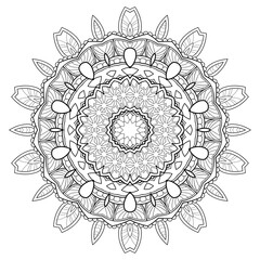 Stylized mandala with striped and geometric patterns on white isolated background. For coloring book pages.