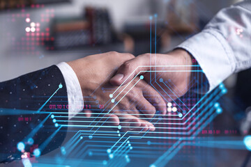 Handshake of two businesspeople as agreement concept to develop a new software to improve service at a company. Technological icons. Woman in business.