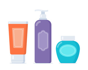 Set of tubes and vials cosmetics. Everything for beauty and skin care. Cosmetic bottles. Cream, gel, tube, soap. Products for beauty and cleanser. Vector illustration in flat style.