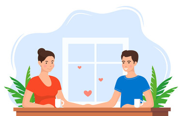 Woman and man in love. Couple at the table. Man holds a woman's hand and they look at each other. Vector illustration.