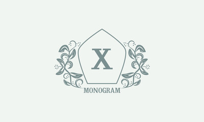 Vintage graceful floral monogram with initials X. Heraldic logo symbol with exclusive calligraphic design elements in gray tones. Business sign, identity for hotel, restaurant, jewelry.