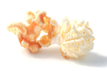 Close up caramel popcorn on white background, macro shot