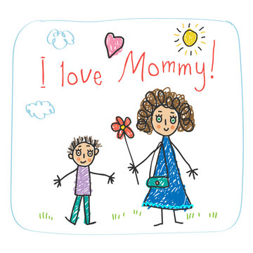 The Mother`s Day. Kids Drawing style with words I love you Mommy! and mother with flower and son vector illustration