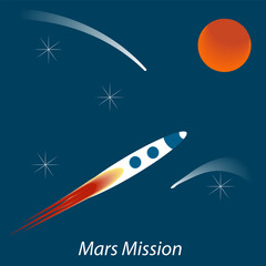 Rocket, red planet, cartoon, bright colors - vector. Space exploration. Mission to Mars.