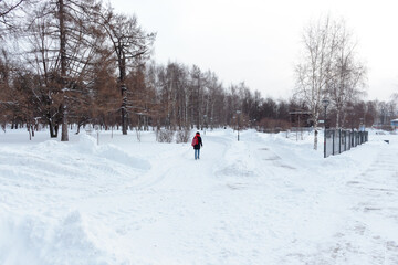 Fototapeta na wymiar Moscow, Russia-February 12, 2021: Snow-covered Park 
