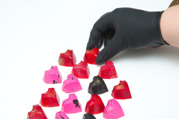 Delicious chocolate candies, close up, different colors